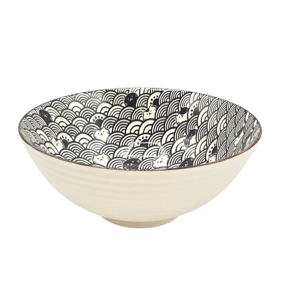 SH Home Black Waves Cats Ceramic Ramen Noodle Bowl Set of 2 w/ Chopsticks Spoons
